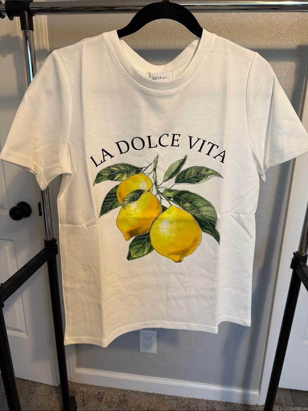 Dolce Vita White Tee with Yellow Lemon Print and Green Leaves